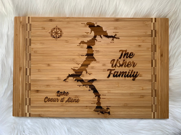 Personalized Coeur d'Alene Lake Engraved Maple or Bamboo Cutting Board