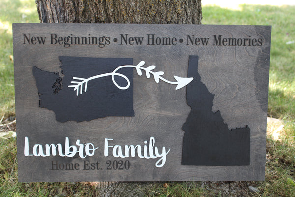 New Beginnings New Home New Memories 3D Rectangle State Signs with Personalized Engraving