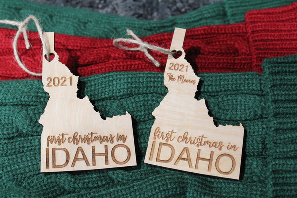 State Shaped Wooden Engraved First Christmas Ornament