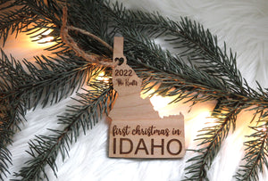 State Shaped Wooden Engraved First Christmas Ornament