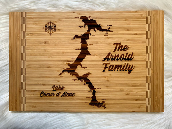 Personalized Coeur d'Alene Lake Engraved Maple or Bamboo Cutting Board