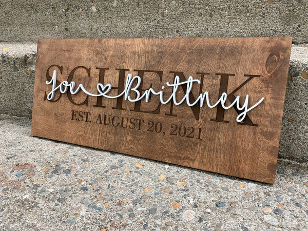 Personalized Sign with Engraved Last Name and 3D First Name Cut Out